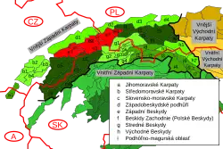 Západní část Západních Beskyd, vyznačena červeně
