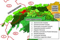 Vnější Západní Karpaty, Moravskoslezské Beskydy vyznačeny červeným polem