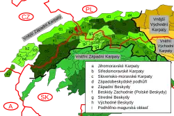 Vnější Západní Karpaty, Jablunkovská brázda vyznačena červeným polem