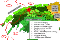 Vnější Západní Karpaty, Slezské Beskydy vyznačeny červeným polem