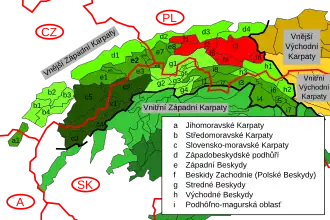 Severní část Západních Beskyd, vyznačena červeně