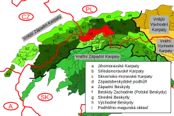 Kysucké Beskydy, Oravské Beskydy a Beskid Żywiecki společně vyznačeny červeně