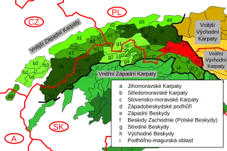 Východní část Západních Beskyd, vyznačena červeně