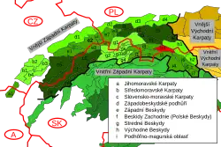 Pieniny v rámci Karpat, vyznačené červeně