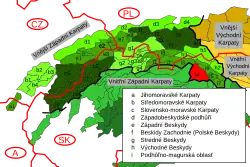 Levočské vrchy v rámci Karpat, vyznačeny červeně