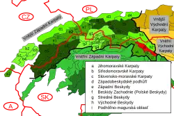 Spišsko-šarišské medzihorie v rámci Karpat, vyznačené červeně