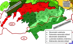 Fatransko-tatranská oblasť v rámci Karpat, vyznačena červeně