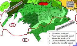 Tatry v rámci Vnitřních Západních Karpat, vyznačeny červeně