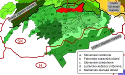 Podtatranská kotlina v rámci Vnitřních Západních Karpat, vyznačena červeně