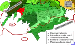 Strážovské vrchy (červeně) na mapě Vnitřních Západních Karpat