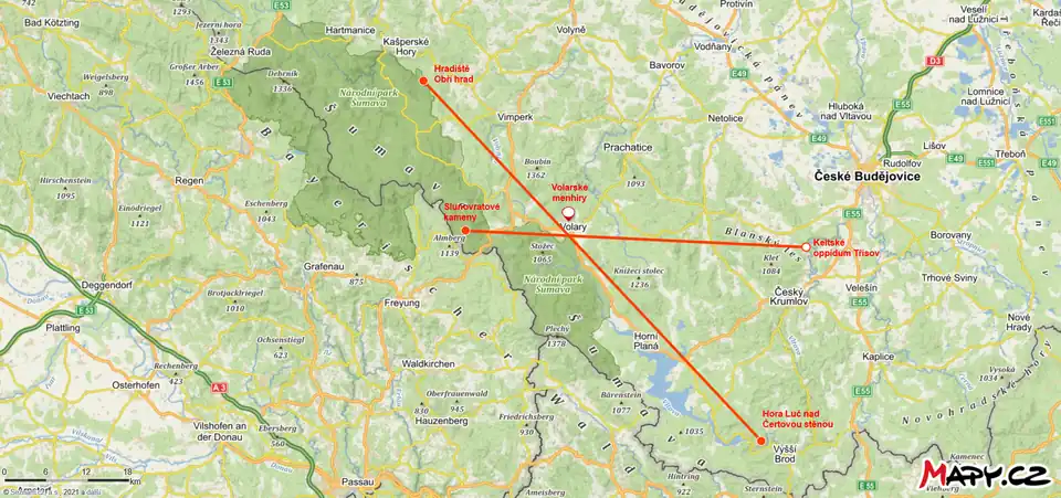 Volarské menhiry a souvislosti s vybranými geografickými místy na mapě České republiky[1][7][9]