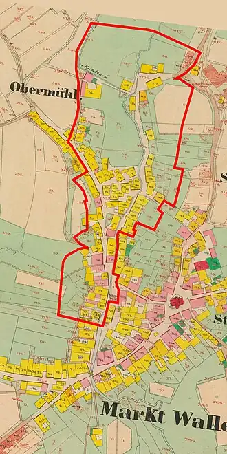 Volary, území vesnické památkové rezervace, stav podle katastru nemovitostí z roku 1837 (před požárem města). Dřevěné domy tvoří většinu zástavby města.