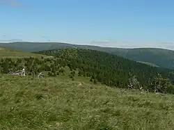 Pohled na Vřesník z Mravenečníku, v pozadí vlevo Vysoká hole, vpravo Velký Máj