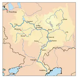 povodí řeky vyznačené na mapě povodí Volhy