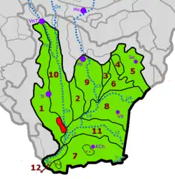 Veľký vrch (červeně) v rámci členění Východoslovenské roviny