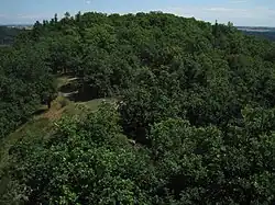 pohled na vrcholovou plošinu s hradištěm z rozhledny