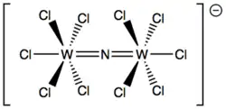 [W2(μ-N)Cl10]−, obsahující dvě wolframová centra spojená nitridovým ligandem