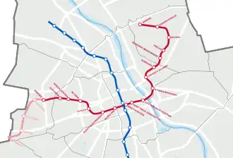 Plán metra ve Varšavě, M2 je červeně vyznačená i s plánovanými stanicemi