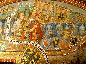 Císař Friedrich II. spolu s Ludvíkem IV. Durynským na křížové výpravě, mozaika z komnaty ve Wartburgu o životě Alžběty Uherské