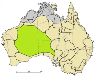 Přibližné rozšíření jazyka Západní pouště na mapě Austrálie