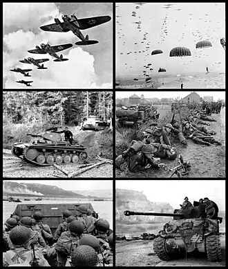 Německé bombardéry Heinkel He 111; Spojenečtí parašutisté během Operace Market Garden; Německé tanky během bitvy o Francii; Britští vojáci v Normandii; Americké vyloďovací čluny na Omaha Beach; Britský tank Sherman Firefly