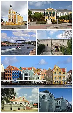 Shora, zleva doprava: synagoga Curaçao, Fort Amsterdam, most královny Juliany, Fort Nassau, pohled na Willemstad, muzeum Curaçao, bazilika sv. Anny