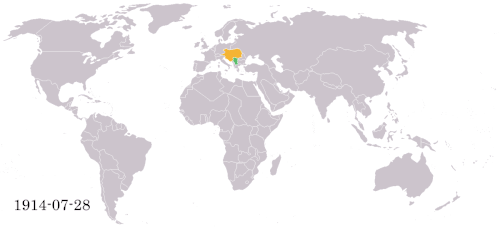Dynamická mapa světa zachycující zapojení jednotlivých států do konflitu na straně Dohody a Ústředních mocností.