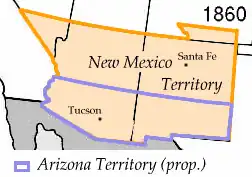 Návrh pro teritorium Arizona z roku 1860 🟧 = teritorium Nové Mexiko 🟪 = návrh pro teritorium Arizona