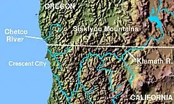 Chetco na mapě pomezí Kalifornie a Oregonu