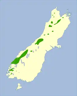 Mapka Jižního ostrova s rozšířením druhu (zeleně)
