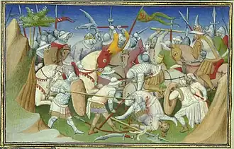 Adalský sultán (vpravo) bojuje se svými vojáky proti etiopskému císaři Šalomounovi a jeho mužům.