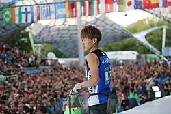 Jošijuki Ogata ve finále SP 2017 v boulderingu v Mnichově