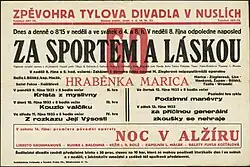 Plakát k revuální operetě „Za sportem a láskou“ uváděné Tylovo divadlem v Nuslích[14]