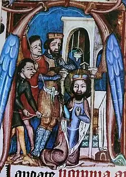 Tři stojící muži bodají klečícího muže kopími a mečem.