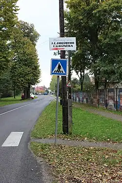 Silniční komunikace, po její levé straně jsou vzrostlé stromy, napravo chodník, který je od vozovky oddělen travnatým pásem. Po pravé straně chodníku zděný (betonový) plot. Přes vozovku přechází přechod pro chodce, který je uvozen dopravní značkou, za níž stojí dřevěný sloup elektrického vedení s tabulkou ukazující k památnému domu J. Ľ. Holubyho a Ľ. V. Riznera.