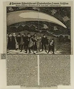 Rytina Jiřího Jakuba Dašického průlet Velké komety nad Prahou 12. listopadu 1577