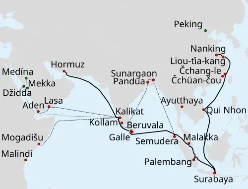 Mapa Indického oceánu a moří jihovýchodní a východní Asie, s vyznačenými místy významnými pro plavby Čeng Chea a trasami plaveb.