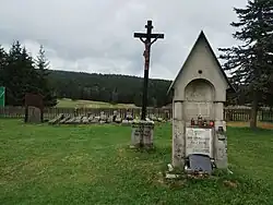 Pohled na hřbitov, v popředí hrob šumavského podnikatele Josefa Strunze (1823–1907), někdejšího majitele Strunzovy pily