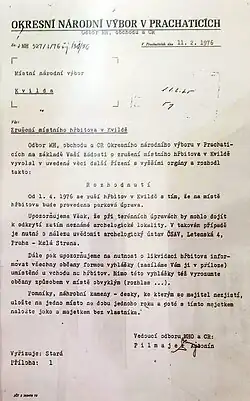 Rozhodnutí o zrušení hřbitova ve Kvildě v roce 1976