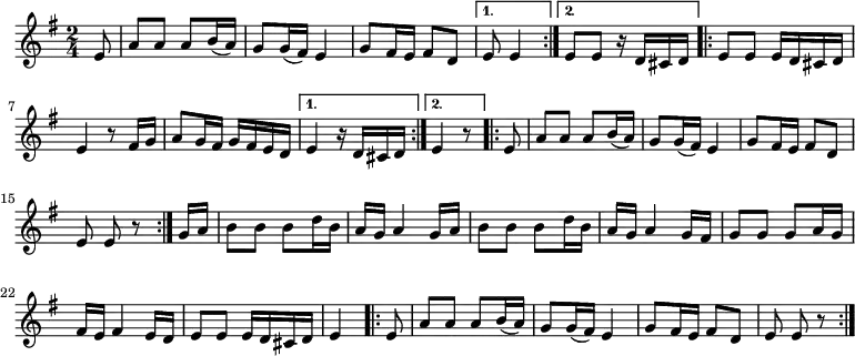 
\relative c' {
 \key e \minor
 \time 2/4
 \repeat volta 2 {
  \partial 8
  e8 a a a b16( a)
  g8 g16( fis) e4
  g8 fis16 e fis8 d
  }
 \alternative {
  {\partial 4. e8 e4}
  {e8 e r16 d cis d}
  }
 \repeat volta 2 {
  e8 e e16 d cis d
  e4 r8 fis16 g
  a8 g16 fis g fis e d
  }
 \alternative {
  {e4 r16 d cis d}
  {\partial 4. e4 r8}
  }
 \repeat volta 2 {
  \partial 8
  e8 a a a b16( a)
  g8 g16( fis) e4
  g8 fis16 e fis8 d
  \partial 4. e e r
  }
  \partial 8
  g16 a b8 b b d16 b
  a g a4 g16 a
  b8 b b d16 b
  a g a4 g16 fis
  g8 g g a16 g
  fis e fis4 e16 d
  e8 e e16 d cis d
  \partial 4. e4
 \repeat volta 2 {
  \partial 8
  e8 a a a b16( a)
  g8 g16( fis) e4
  g8 fis16 e fis8 d
  \partial 4. e e r
  }
 }
