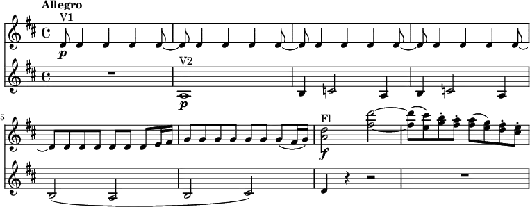 
<<
\new Staff \relative c'' {
 \version "2.18.2"
 \clef "treble"
 \key d \major
 \tempo "Allegro"
 \time 4/4
 \tempo 8 = 200
 d,8 \p ^ \markup{V1} d4 d d d8 ~
 d8 d4 d d d8 ~
 d8 d4 d d d8 ~
 d8 d4 d d d8 ~
 d8 d d d d d d e16 fis
 g8 g g g g g g (fis16 g)
 <a d>2 \f ^ \markup{Fl} <fis' d'> ~
 <fis d'>8  (<e cis'>) <g b-.>  <fis a-.>
 <fis a> (<e g>) <d fis-.>  <cis e-.>
}
\new Staff \relative c' {
  \clef "treble"
  \key d \major
  \time 4/4
  R1 a1\p ^\markup {V2}
  b4 c!2 a4
  b4 c!2 a4
  b2 (a b cis)
  d4 r4 r2 R1
}
>>
