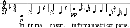 \relative c' { \clef treble \key d \minor \numericTimeSignature \time 4/4 \partial 4*1 a4\p | f'2-> d4 r | f2-> d4 r | \autoBeamOff a'\pp g8. f16 e4 f | bes,8-. r16 bes-. bes4-. } \addlyrics { In -- fir -- ma no -- stri, in -- fir -- ma no -- stri cor -- po -- ris, }
