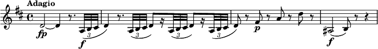 
\relative c' {
 \override Score.NonMusicalPaperColumn #'line-break-permission = ##f
 \version "2.18.2"
 \key d \major
 \tempo "Adagio"
 \tempo 4 = 45
 \override TupletBracket #'direction = #-1
 \override TupletBracket #'stencil = ##f
 d2~\fp d4 r8. \times 2/3 { a32\f( b cis } |
 d4) r8. \times 2/3 { a32( b cis } d8)[ r16 \times 2/3 { a32( b cis] } d8)[ r16
  \times 2/3 { a32( b cis] } |
 d8) r fis\p r a r d r |
 ais,2\f( b8) r r4
}
