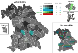 Mapa s vyznačením vítězné strany v jednotlivých volebních obvodech a rozdělení mandátů na kandidátních listinách.