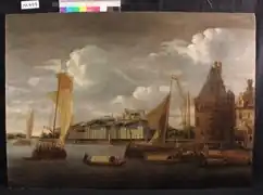 Obraz zachycující přístav v Koblenzi a pevnost v pozadí