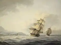 Resolution a Discovery u tahitského pobřeží (cca. 1800)